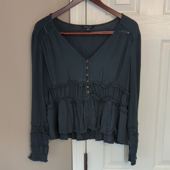 American Eagle Outfitters Tops - American Eagle Teal Blouse with Button Detail Babydoll Western Country Concert